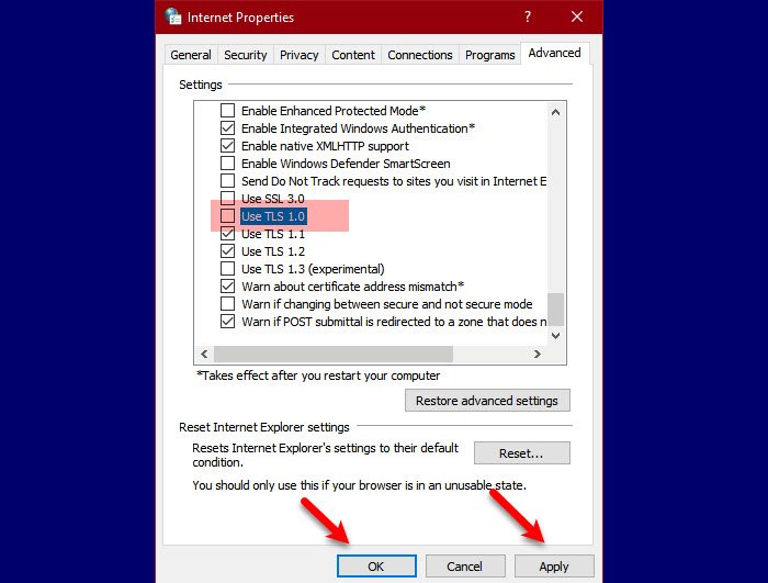 disable TLS 1.0 in Windows 10