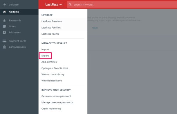 how to export from lastpass
