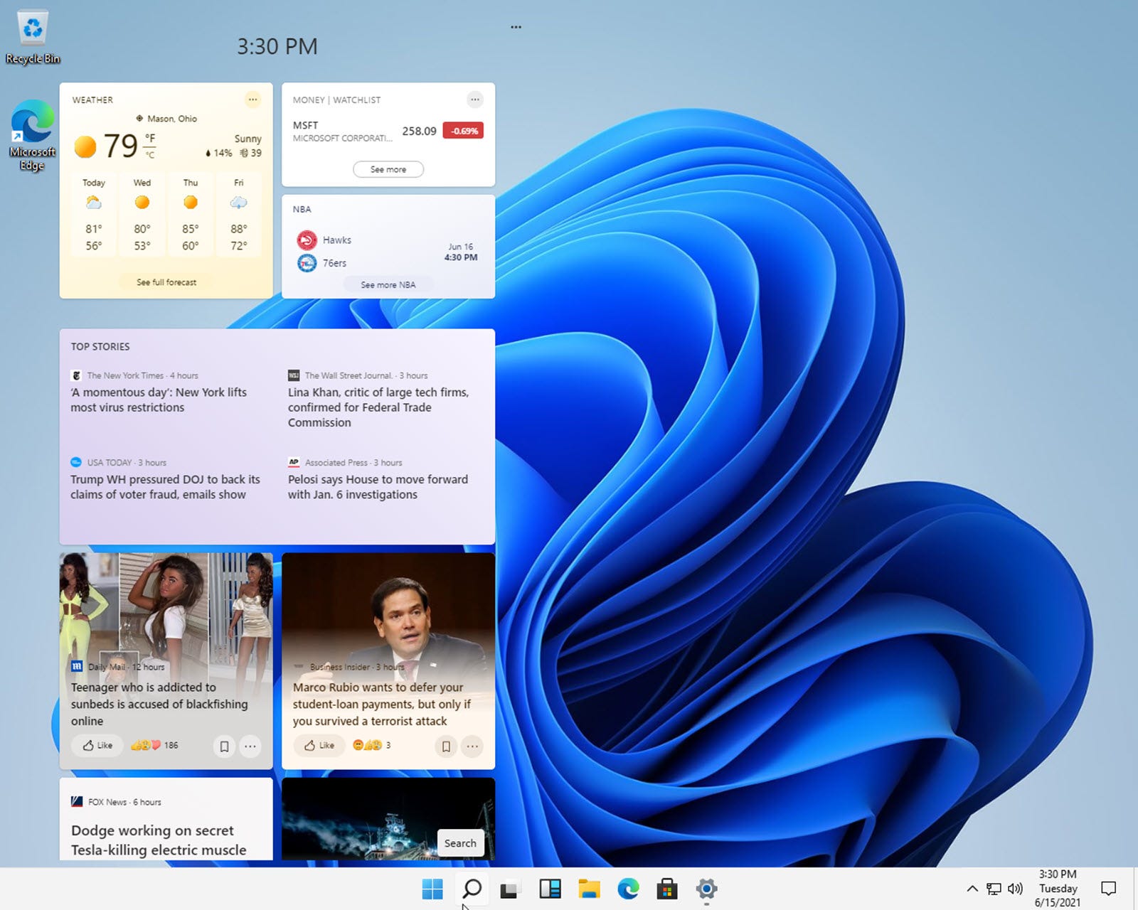 Window di notizie e interessi di Windows 11.