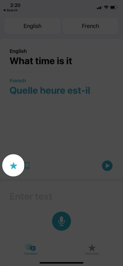 tocca sulla stella per selezionare la frase particolare preferita nell'app di traduzione su iphone
