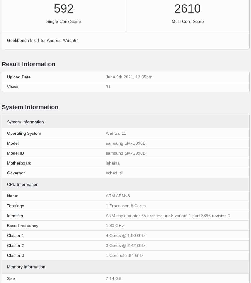 Galaxy S21 FE 8GB RAM Geekbench