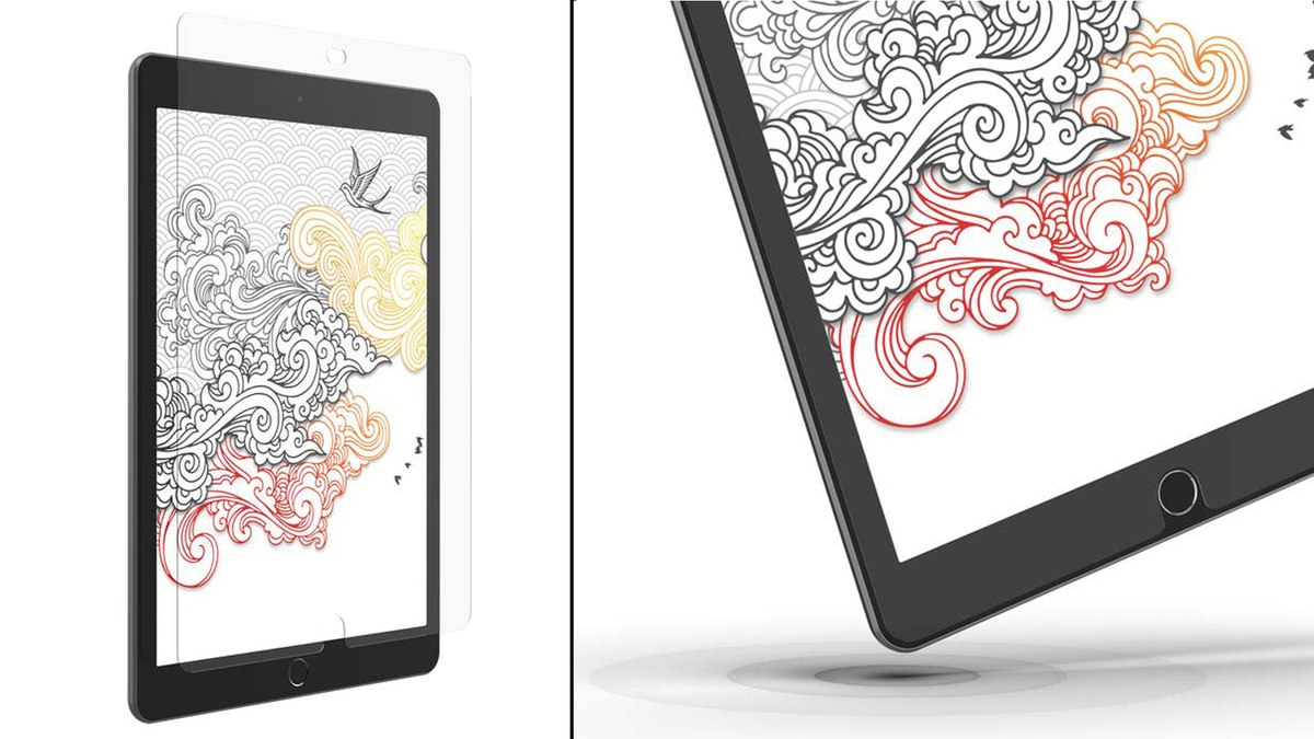Due viste del nuovo proteggi schermo InvisibleShield GlassFusion+ Canvas di ZAGG su un iPad