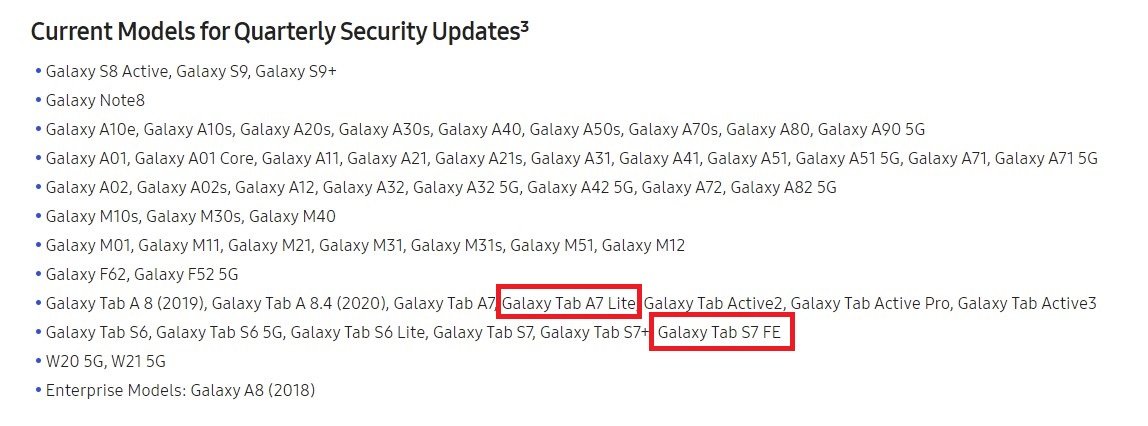Frequenza di aggiornamento software Samsung Galaxy Tab A7 Lite e Galaxy Tab S7 FE