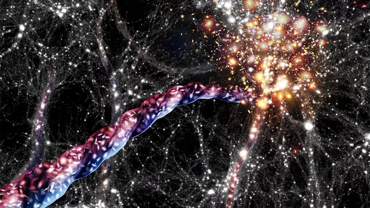 Un'impressione artistica di un filamento cosmico in rotazione