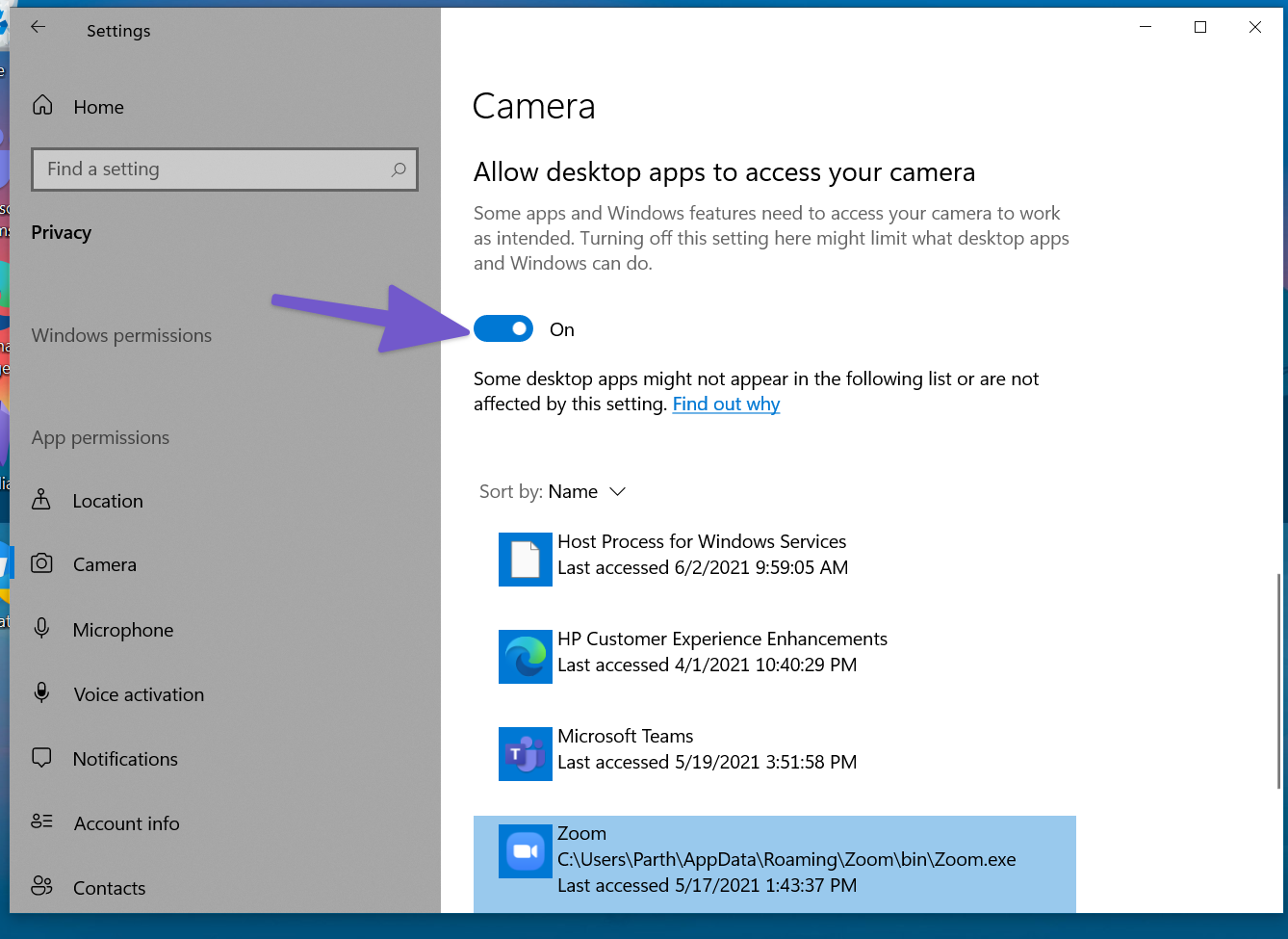 Enable permesso della fotocamera
