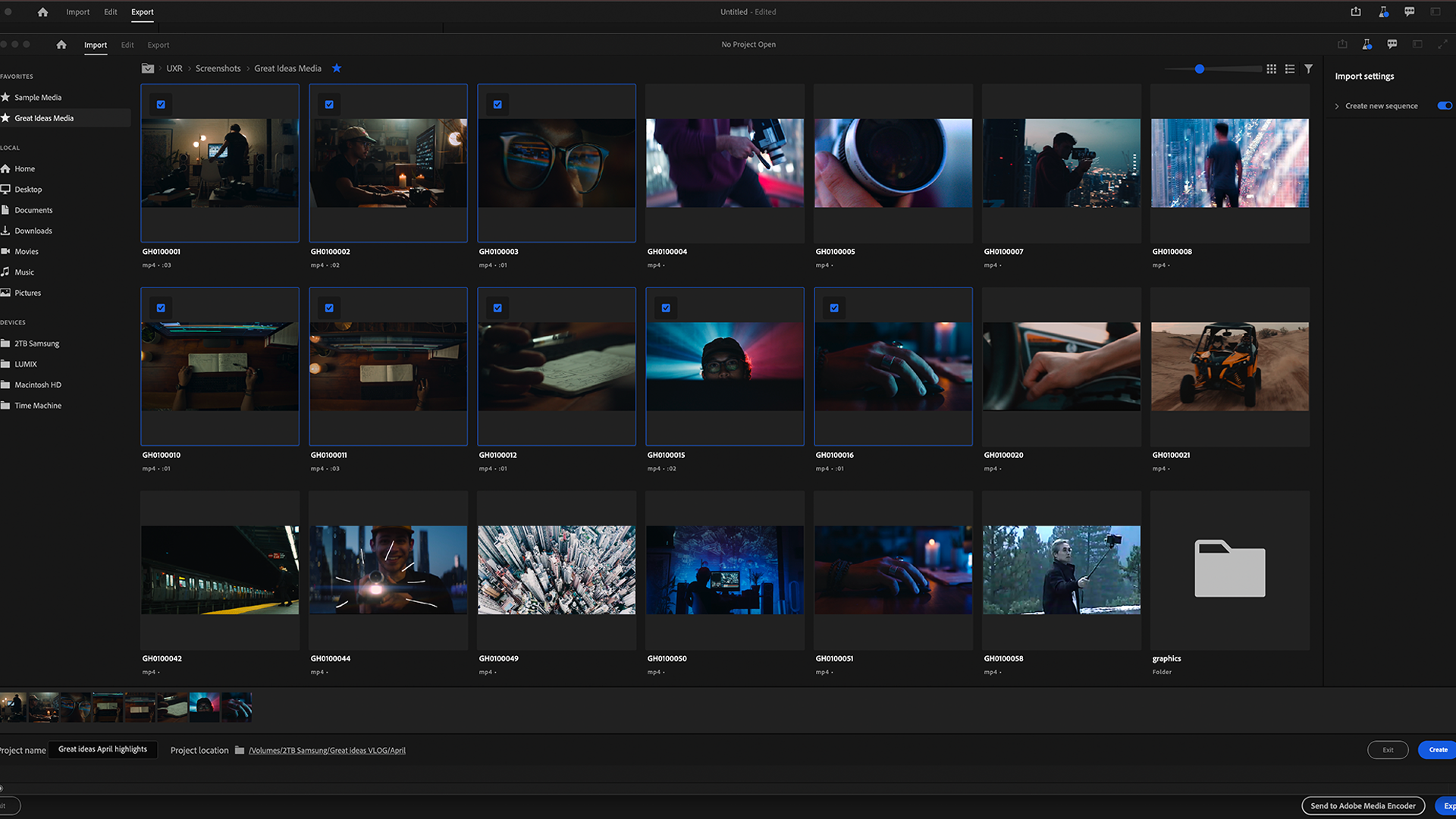 Selezione dei video da importare in Premiere Pro.