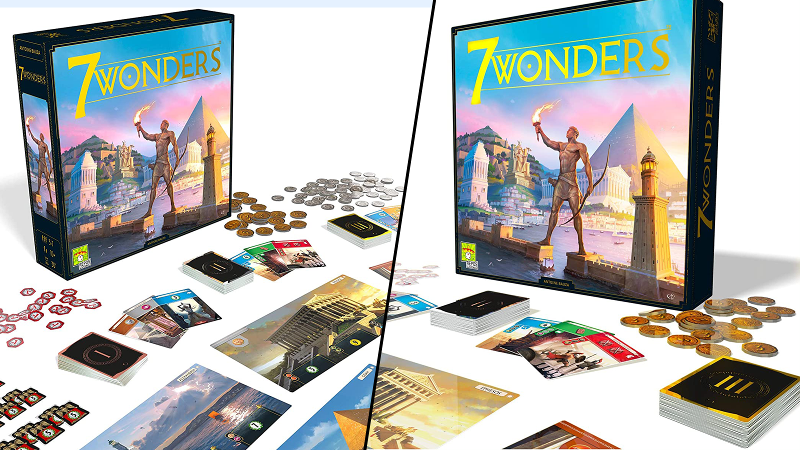 Vista di 7 Wonders box e vari componenti di gioco su uno sfondo bianco