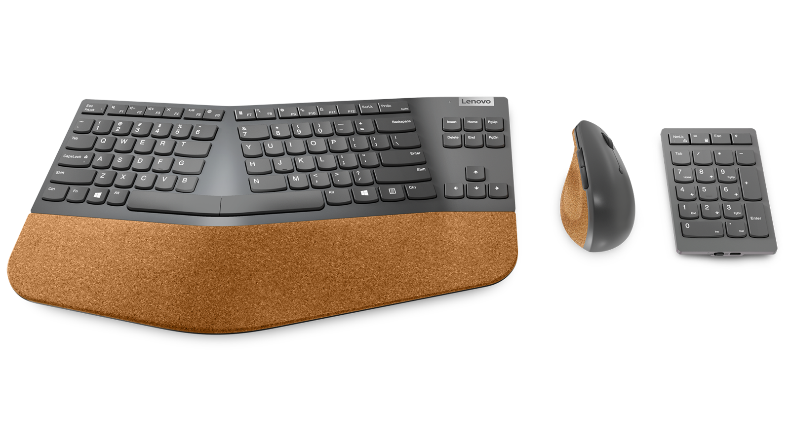 Tastiera divisa Lenovo Go Wireless, mouse verticale wireless e tastierino numerico wireless