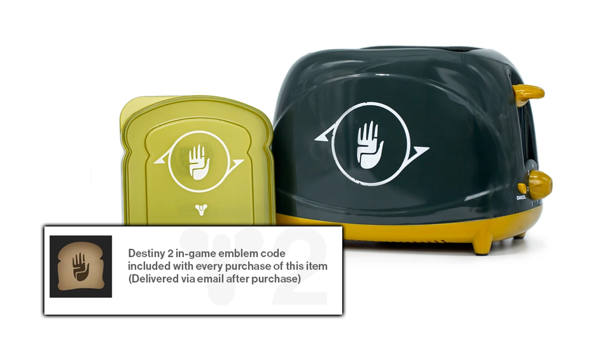 Il tostapane, la custodia per sandwich e l'emblema del gioco di Destiny.