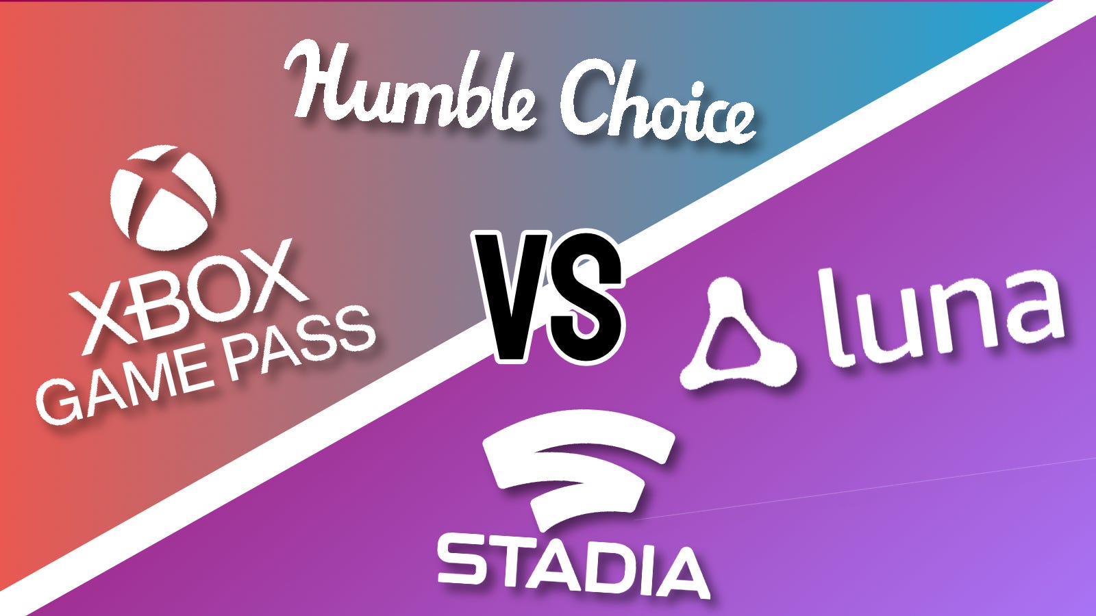 Loghi Xbox Game Pass Humble Choice, Google Stadia e Amazon Luna su uno sfondo multicolore