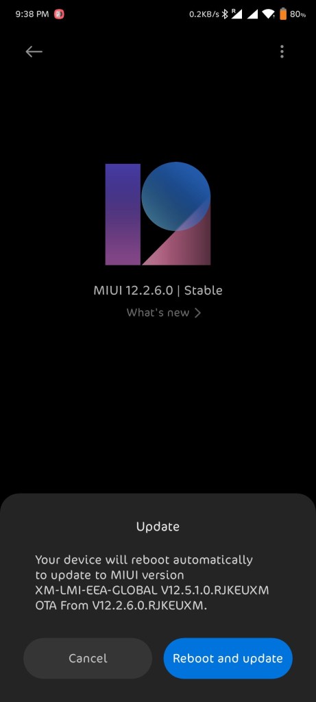 Schermata di aggiornamento stabile globale di Poco F2 pro Miui 12.5