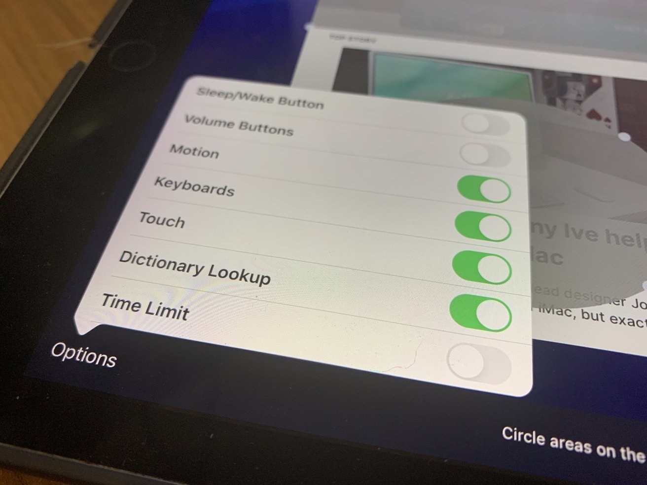 In-Guided Access Options list.
