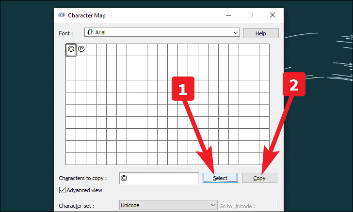 ウィンドウの文字コード表を使用して著作権記号をコピーする