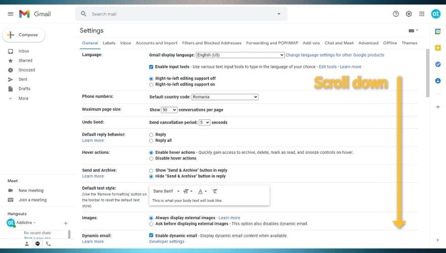Gmail設定画面を下にスクロール