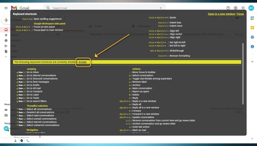 Enable advanced shortcuts in Gmail