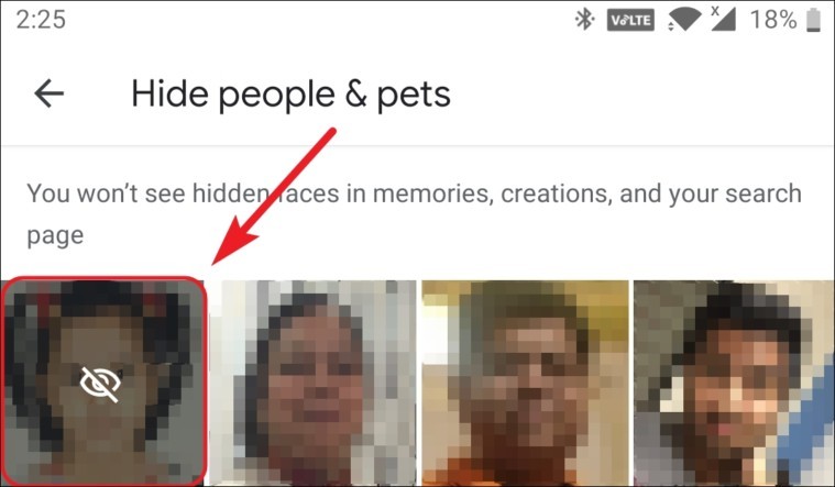画像をタップして、メモリ内の一部の人を非表示にしますandroidのグーグルフォト
