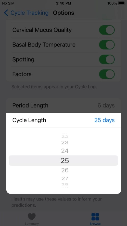 Tap Cycle長さを入力し、iPhoneヘルスアプリに時間を入力します