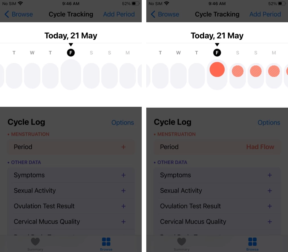 iPhoneで期間を追跡するための赤い円