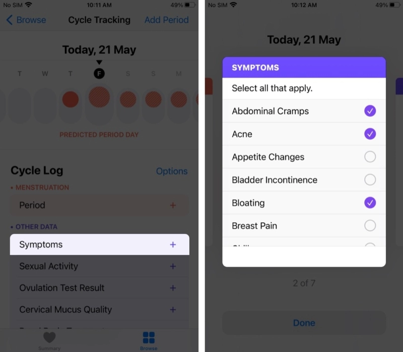 Log symptoms in Cycle Tracking on iPhone