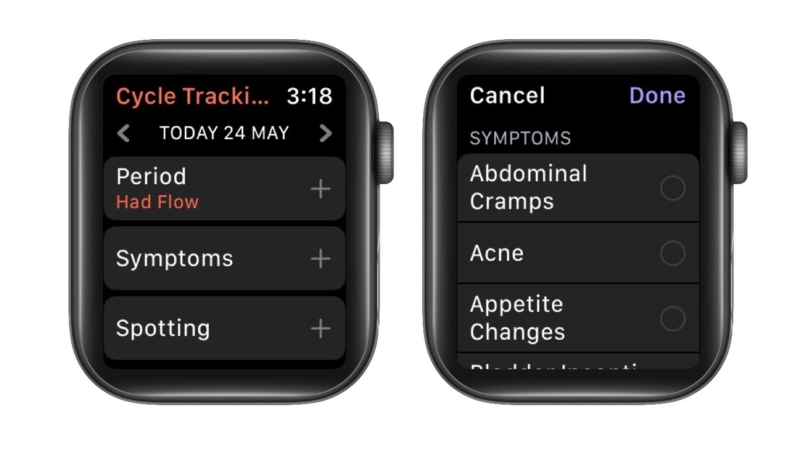 Log symptoms in Cycle Tracking on Apple Watch