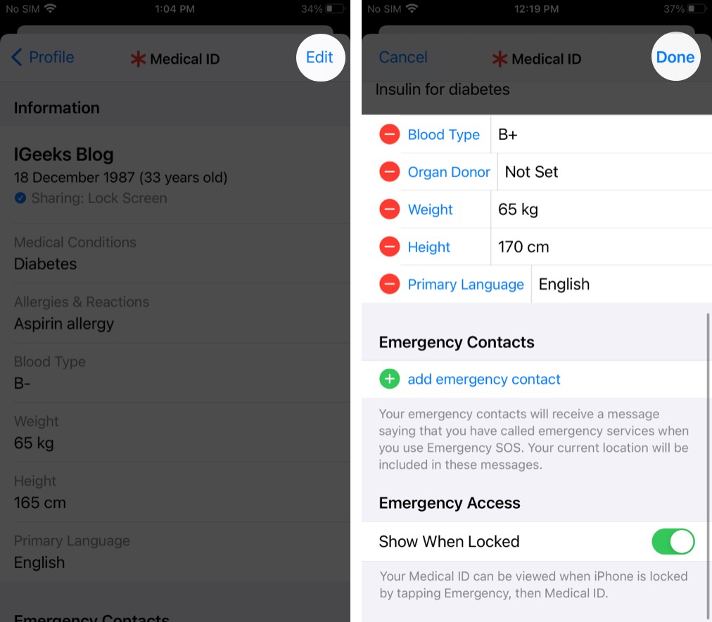 iPhoneで医療IDの情報を編集