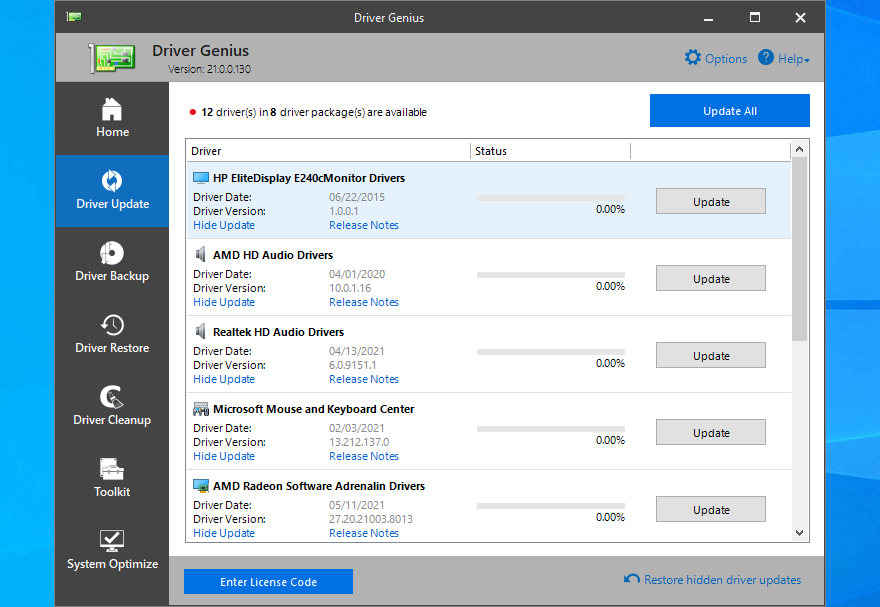 The interface of Driver Genius