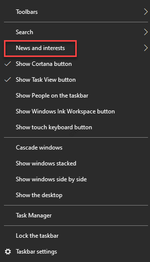 Taskbar Right Click News And Interests