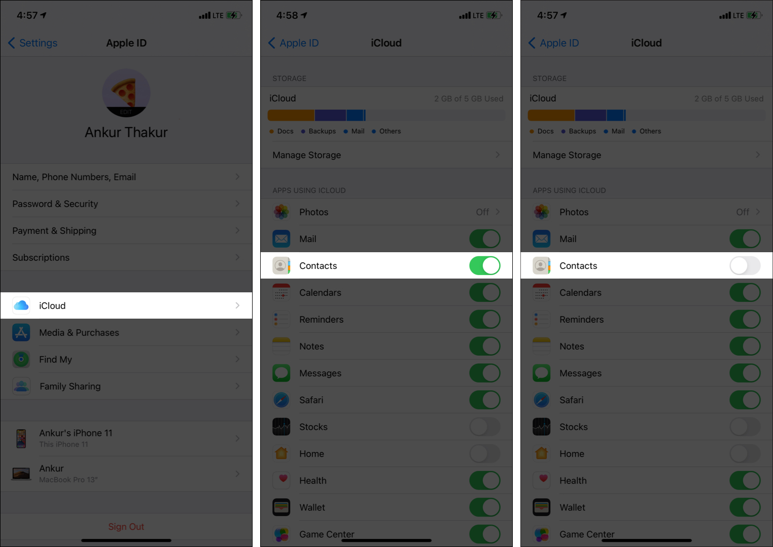 iCloud連絡先を無効にして有効にする