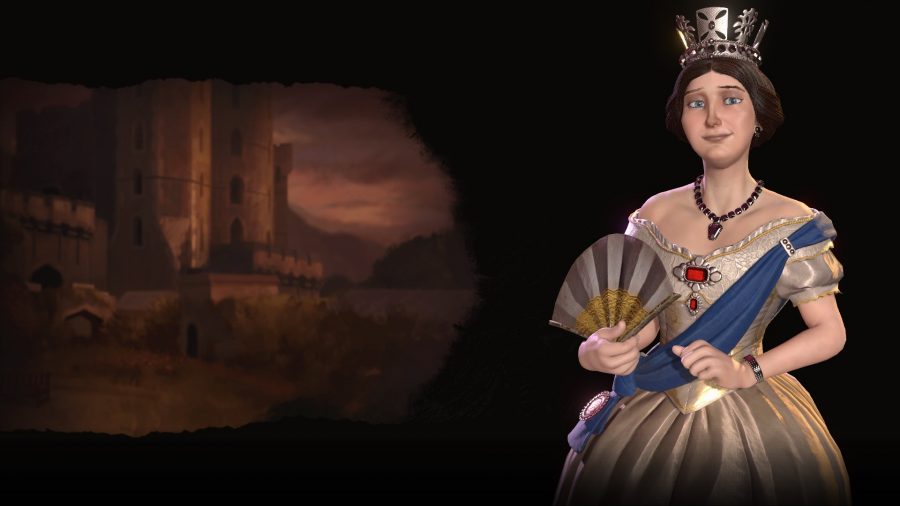 Queen Victoria standing regal amidst a dark backdrop