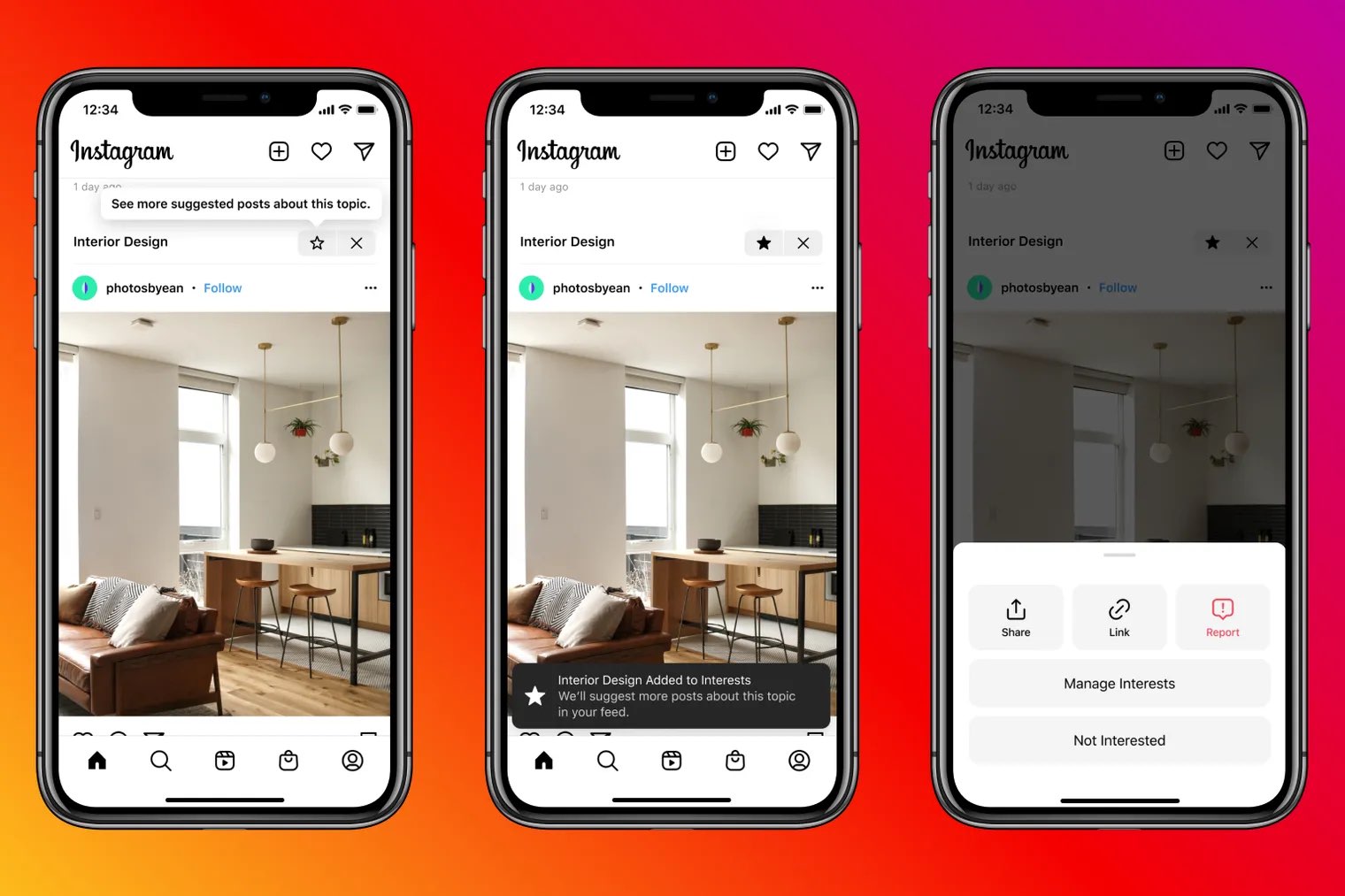 iPhoneのメインInstagramフィードの提案された投稿に影響を与えるコントロールを示すプロモーション画像