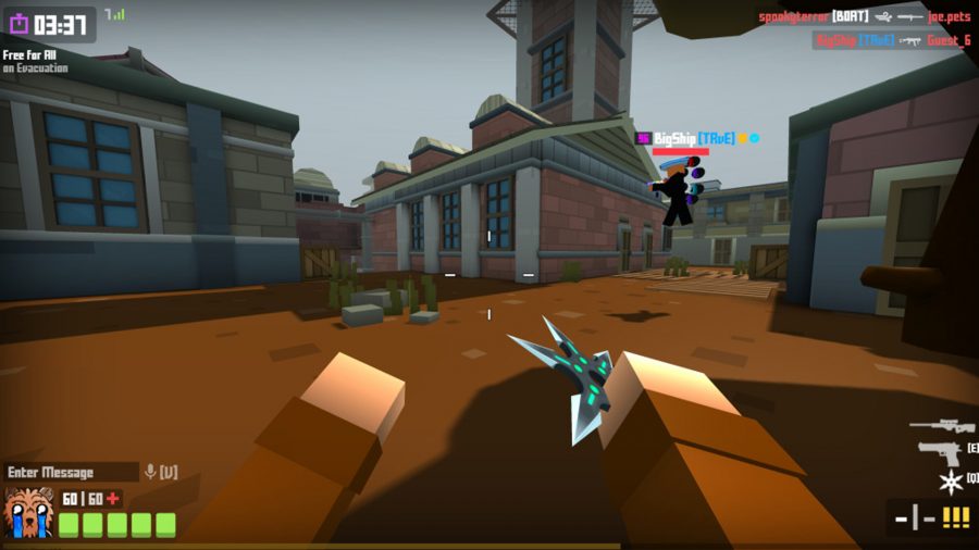 シュリケンを持ったプレイヤーとジャンプしている他のプレイヤーKrunker.io での距離