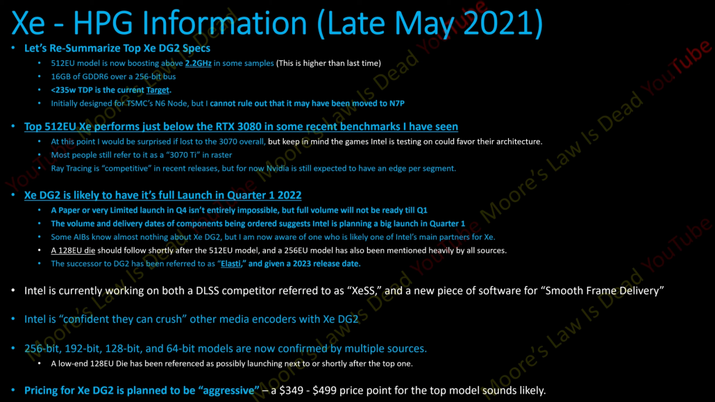 Intel Xe・HPG情報と噂の仕様（画像出典：Moore's Law is Dead）