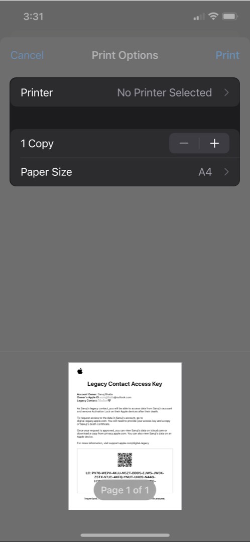コピーをタップしてアクセスキーをPDFとしてiPhoneに保存