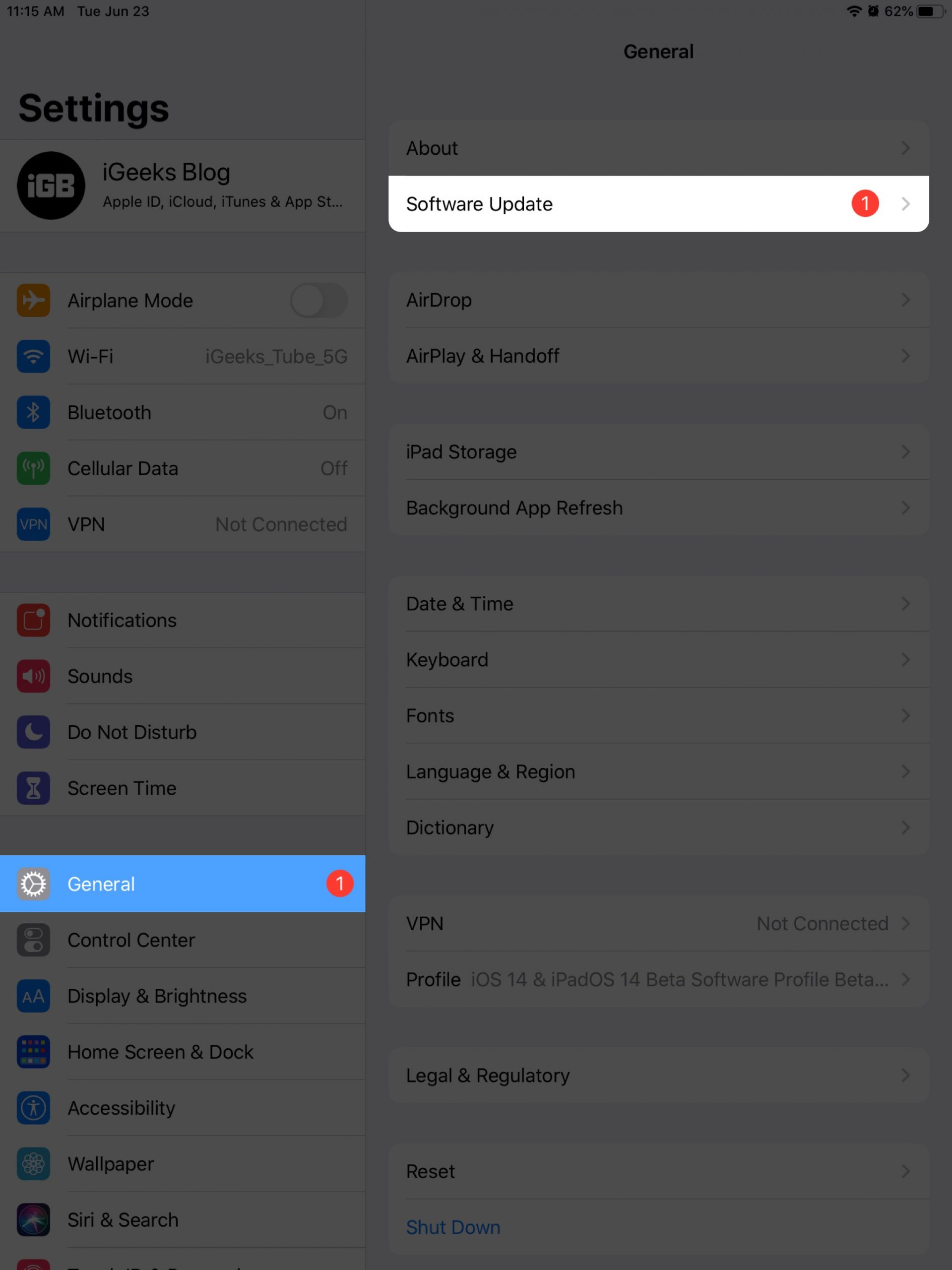 一般をタップし、iPadでソフトウェア更新をタップ