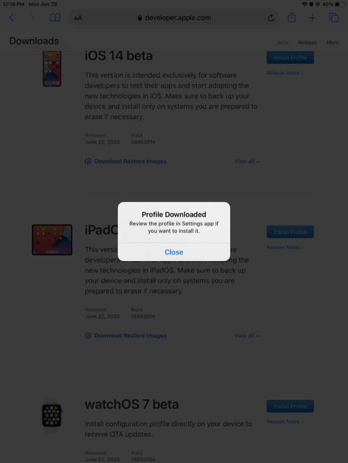 タップして閉じるプロファイルがダウンロードされ、ipad にポップアップ表示されます