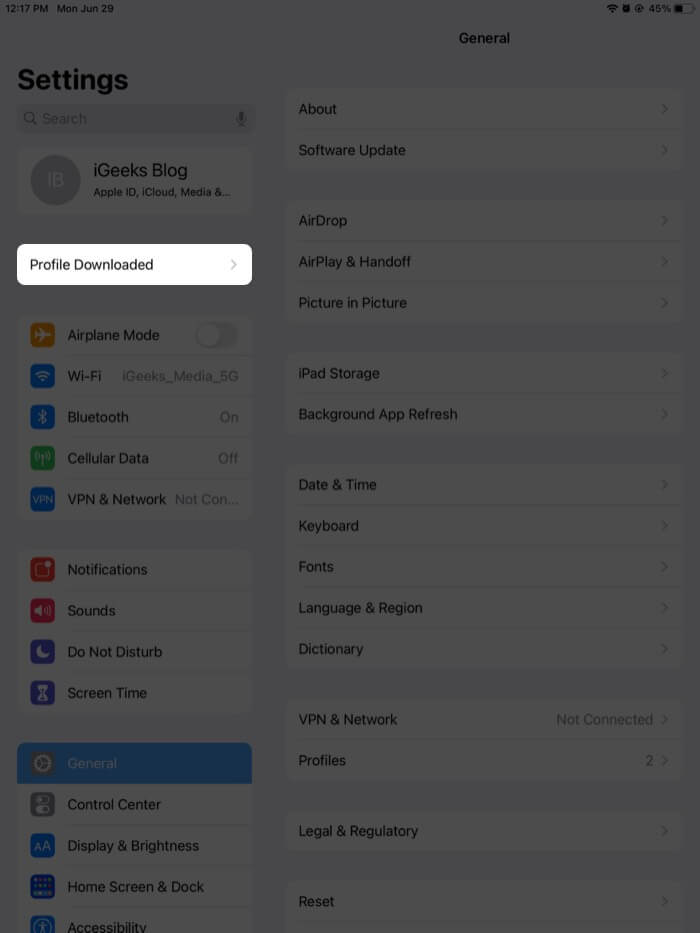 ings と ipad にダウンロードしたプロファイルをタップ