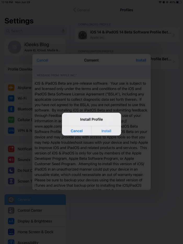 ipad に ipados 14 beta 1 プロファイルをインストール