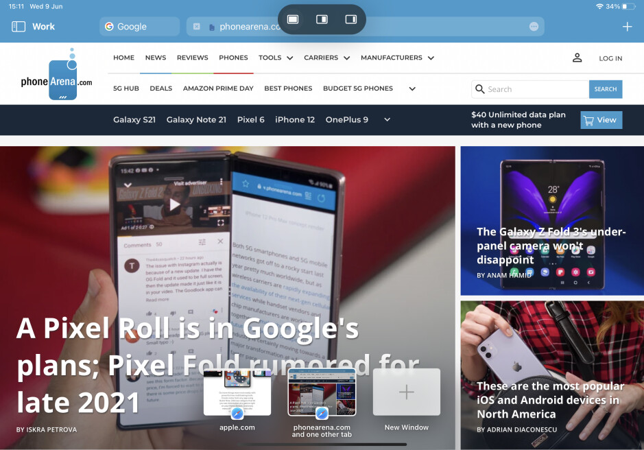 新しいマルチタスク メニュー (上部中央)および The Shelf (下中央)-iPadOS 15 ハンズオン – 新機能をチェックしてください! class=