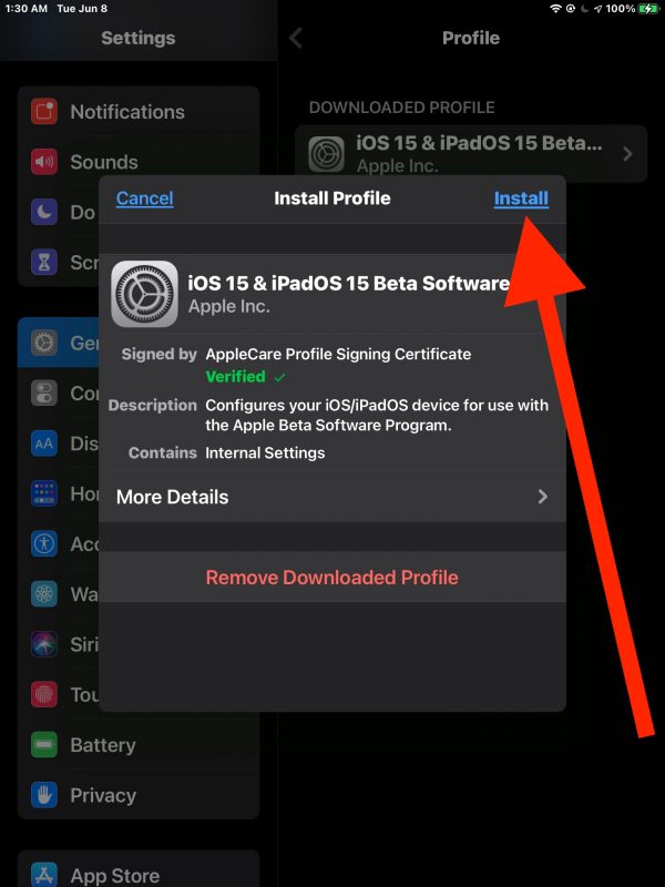 ipadOS 15 のインストールベータ版プロファイル