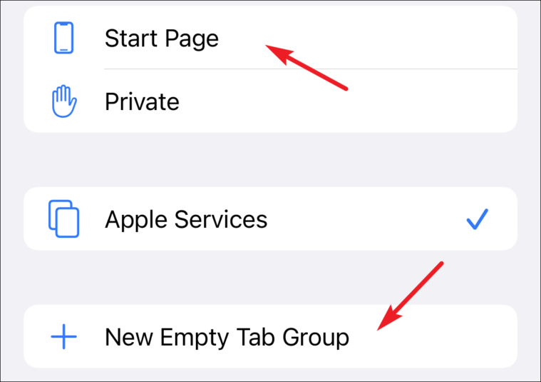 開始ページをクリックするか、Safari の新しい空のタブ グループをタップ