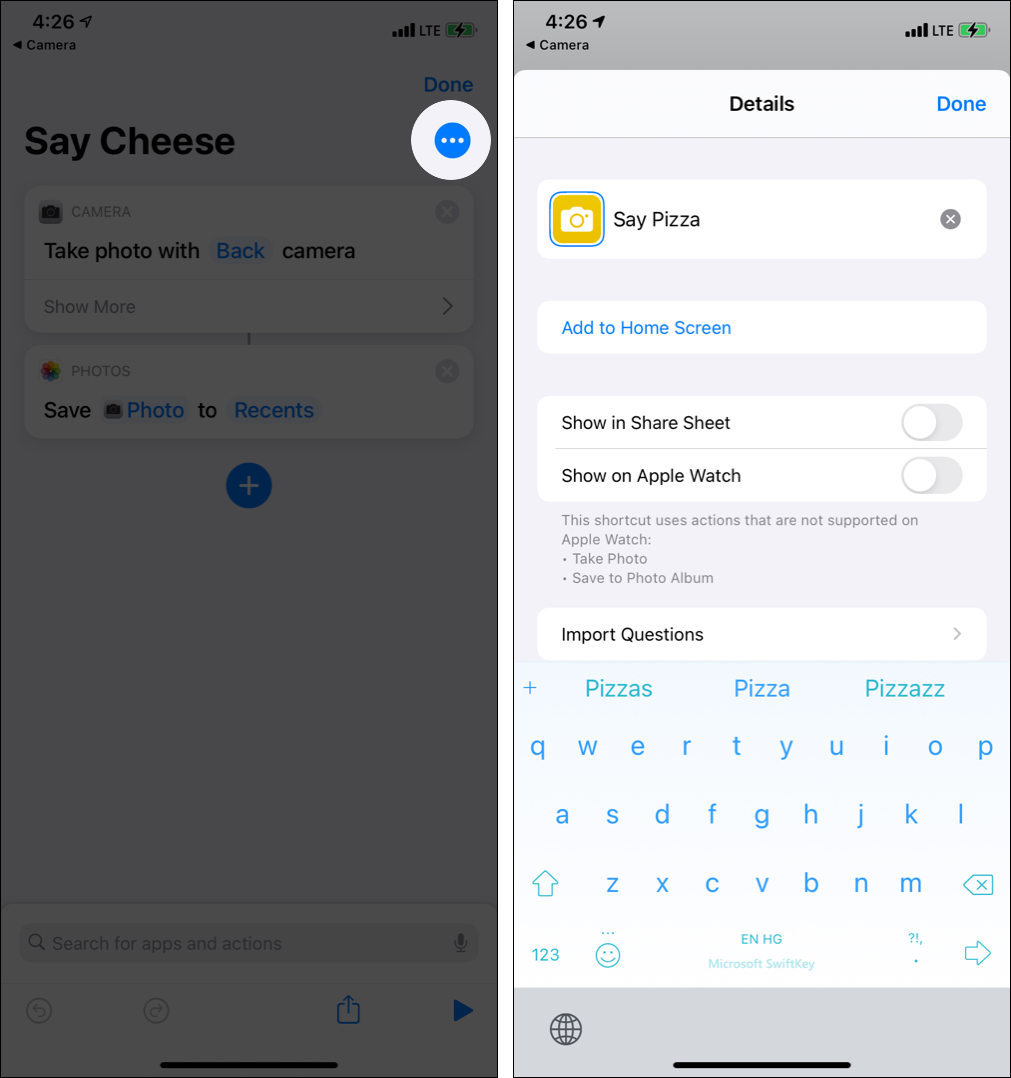 3つのドットアイコンをタップして、チーズの Siri ショートカットを言う」 srcset=