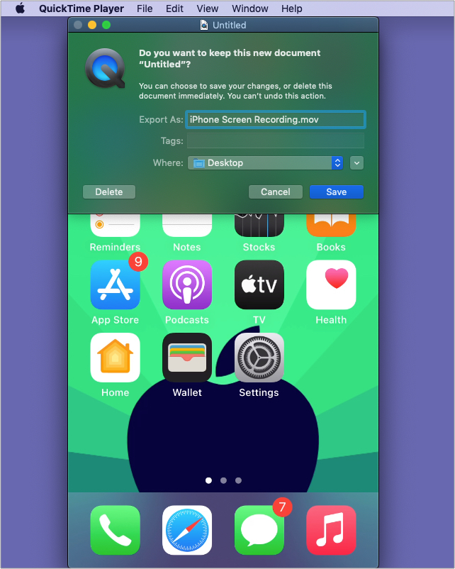 Click Save to save iPhone screen recording on Mac