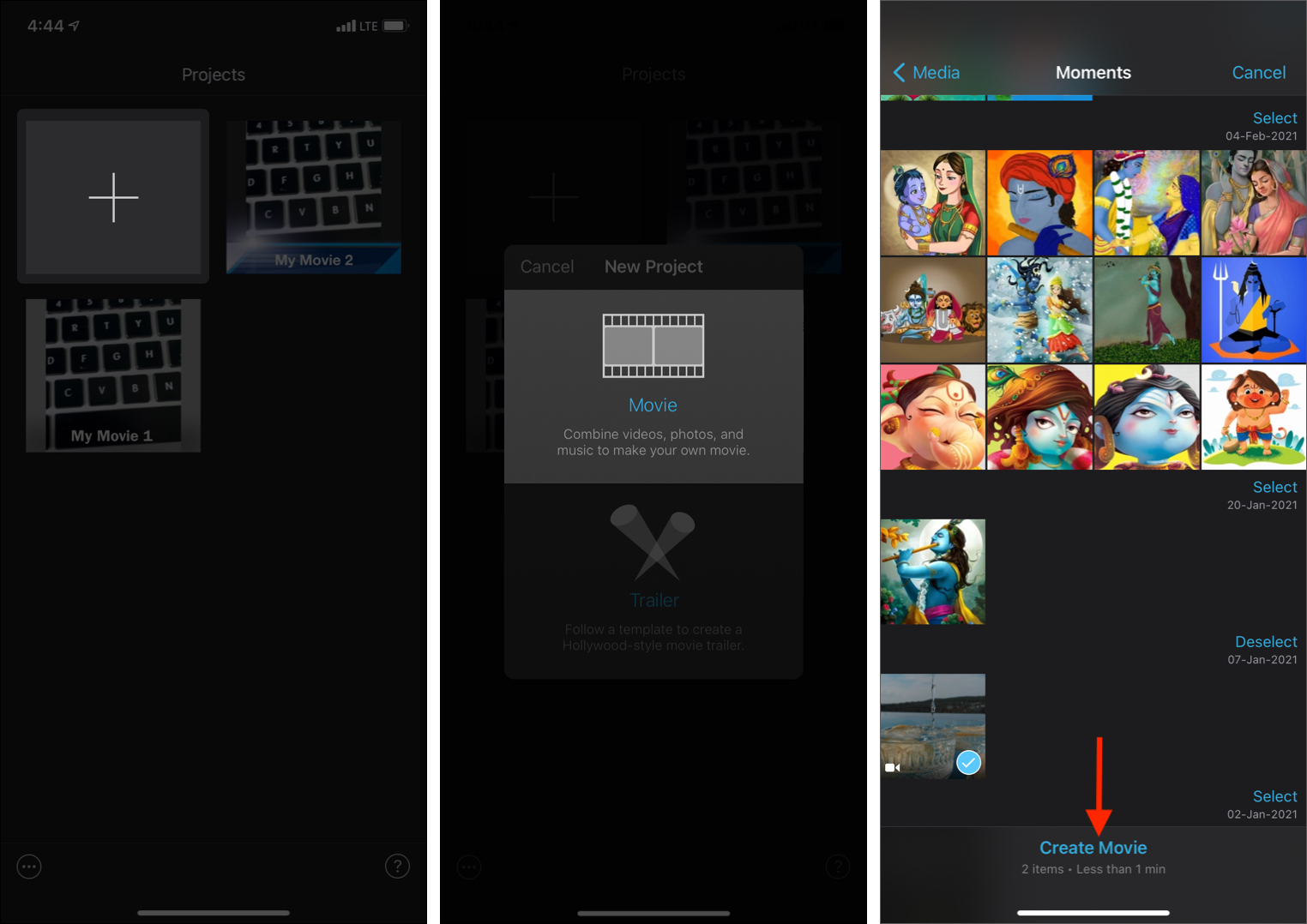 Open iMovie to create a movie and select two or more videos