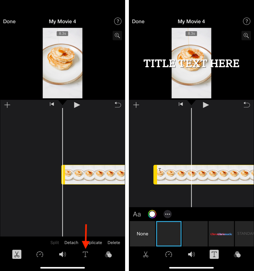 Tap video in iMovie timeline and tap T