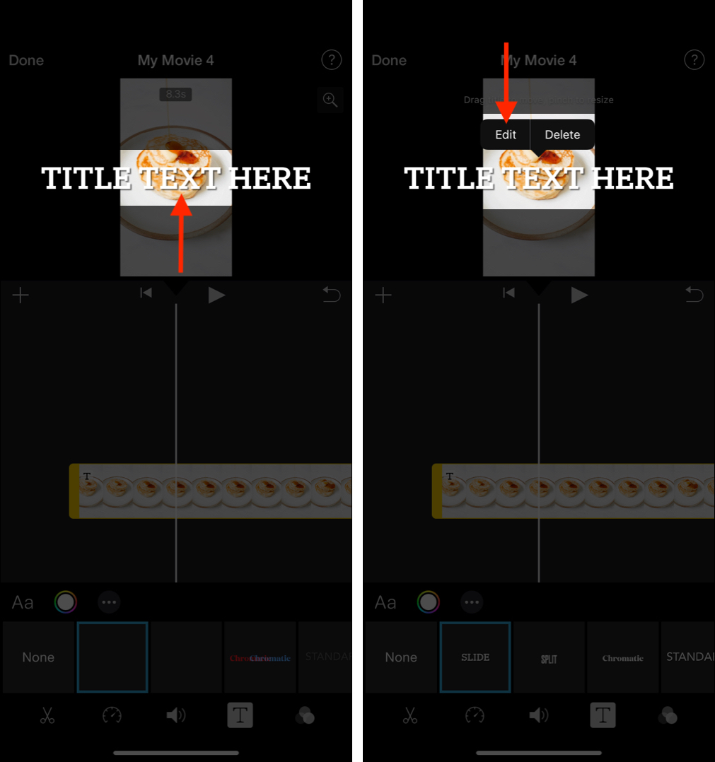 Tap TITLE TEXT HERE and choose Edit to add custom text in iMovie