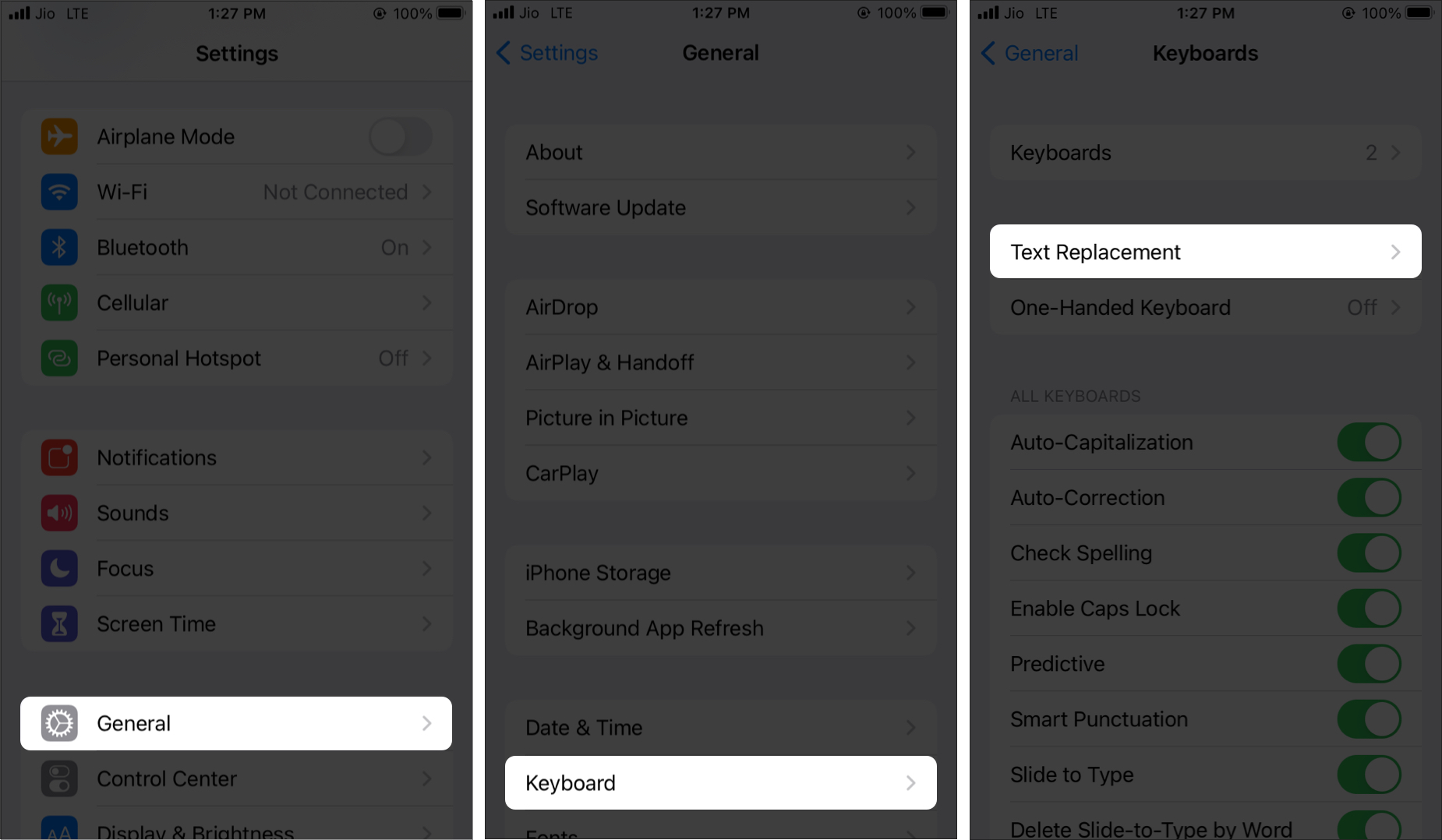 iPhoneの設定で、[一般キーボ]をタップしますardテキスト置換