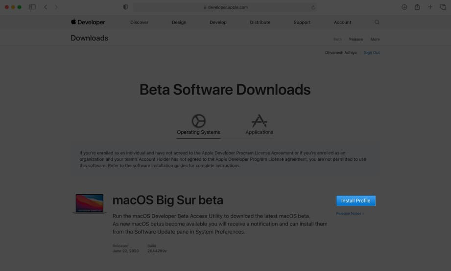 macOS big sur beta を Mac にダウンロードするには、プロファイルをインストールをクリック