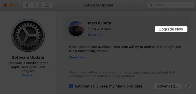 開発者アカウントなしで macos big sur をインストールするには、今すぐアップグレードをクリック