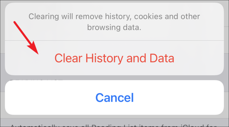 クリックして Safari を iphone のデフォルト設定にリセット