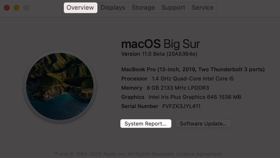 概要タブを選択し、Macのシステムレポートをクリック
